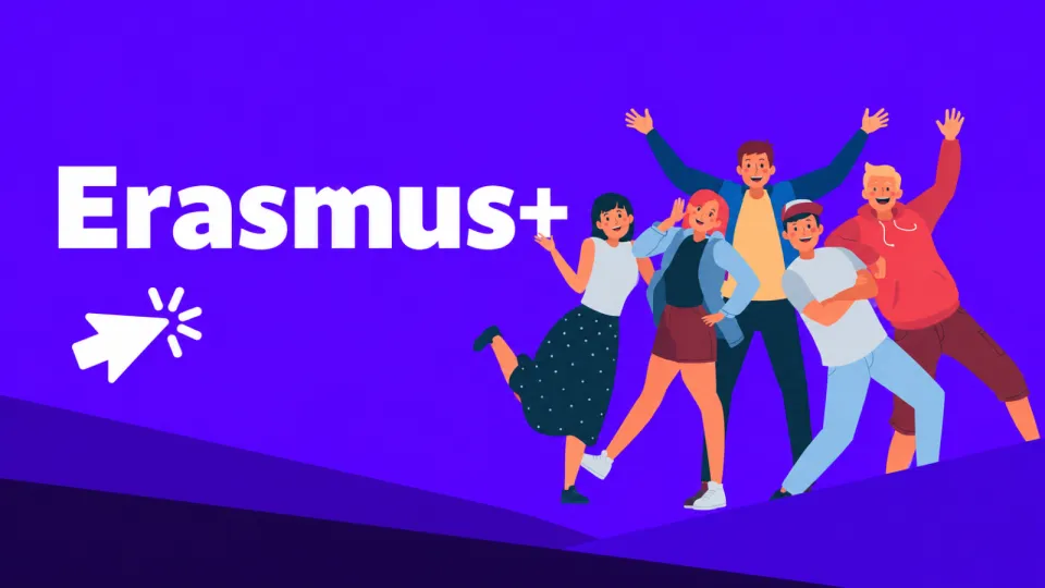 Erasmus+ – skupina študentov na fialovom pozadí