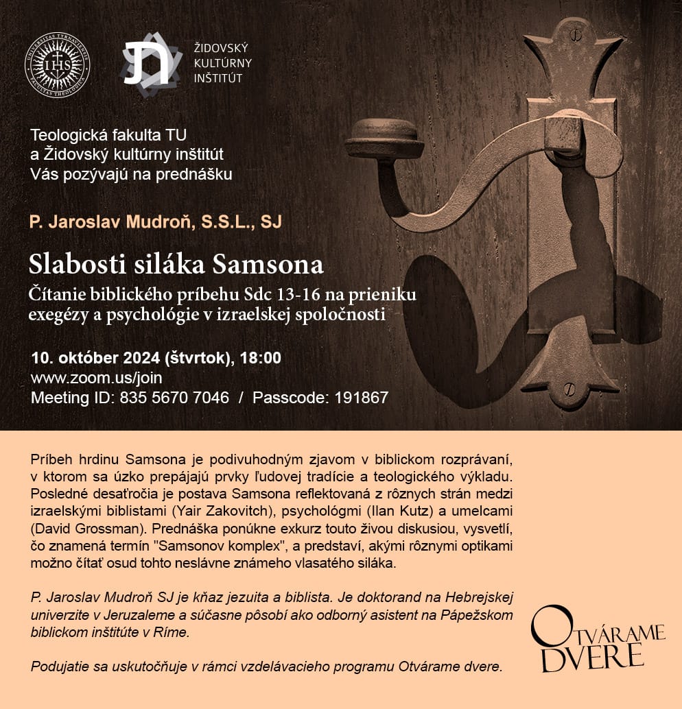 Pozvánka na prednášku Slabosti siláka Samsona v programe Otvárame dvere