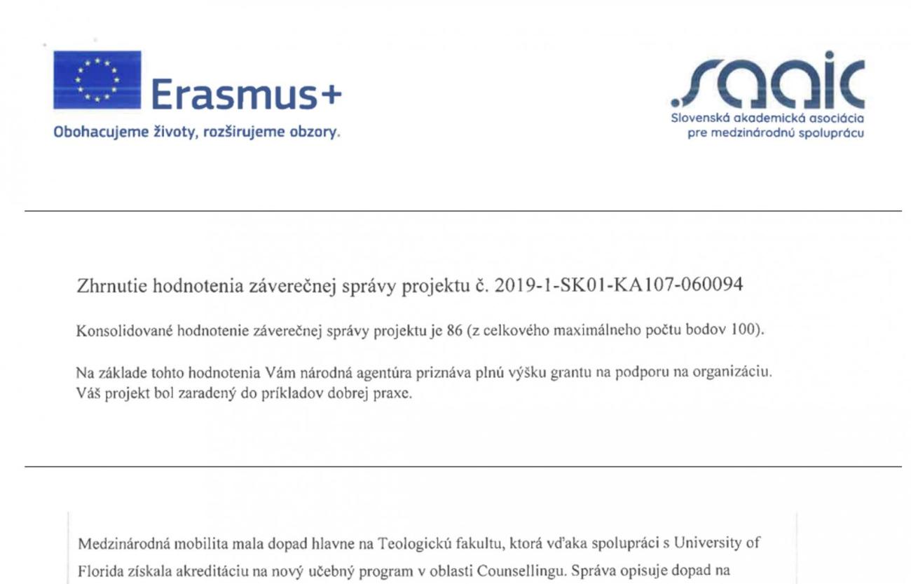 Záverečné hodnotenie projektu Erasmus+ ako príkladu dobrej praxe