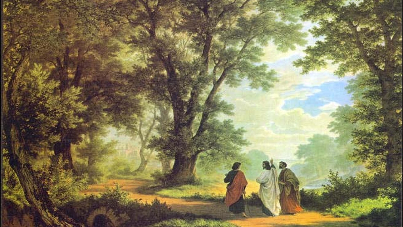 Traja pútnici kráčajú a rozprávajú sa na obraze Roberta Zünda Gang nach Emmaus
